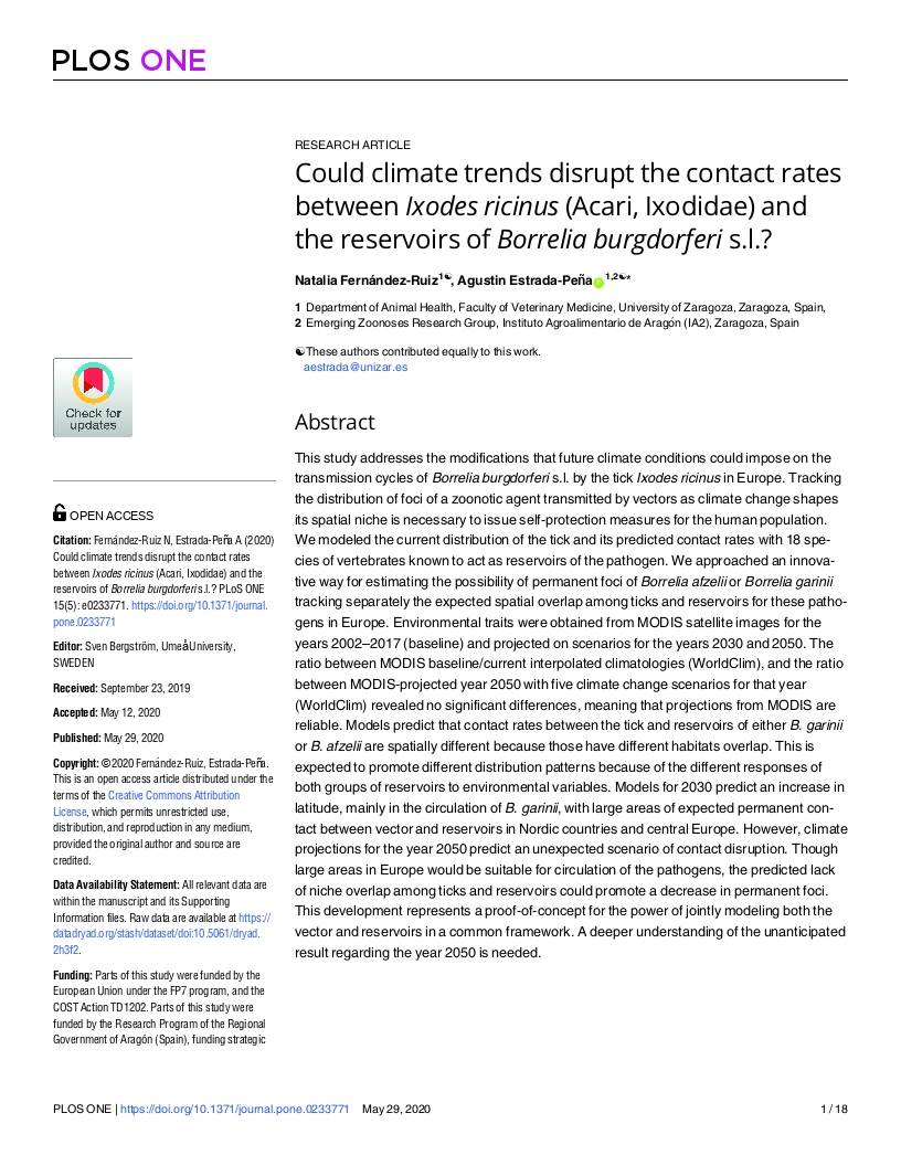 Could climate trends disrupt the contact rates between Ixodes ricinus (Acari, Ixodidae) and the reservoirs of Borrelia burgdorferi s.l.?
