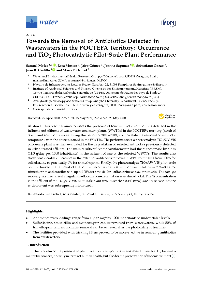 Towards the removal of antibiotics detected in wastewaters in the POCTEFA territory: Occurrence and TiO2 photocatalytic pilot-scale plant performance