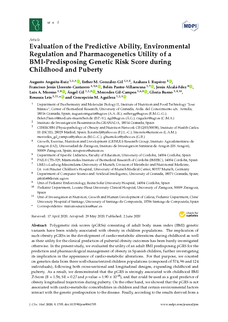 Evaluation of the Predictive Ability, Environmental Regulation and Pharmacogenetics Utility of a BMI-Predisposing Genetic Risk Score during Childhood and Puberty