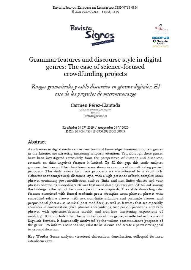 Grammar features and discourse style in digital genres: the case of science-focused crowdfunding projects