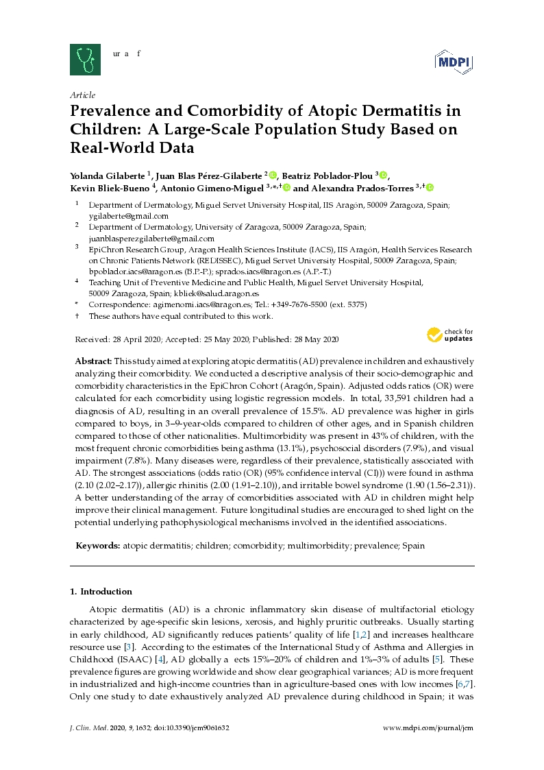 Prevalence and Comorbidity of Atopic Dermatitis in Children: A Large-Scale Population Study Based on Real-World Data