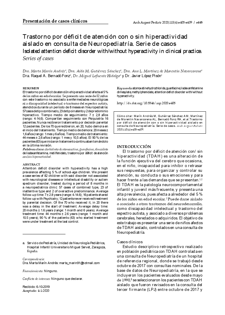 Trastorno por déficit de atención con o sin hiperactividad aislado en consulta de Neuropediatría. Serie de casos