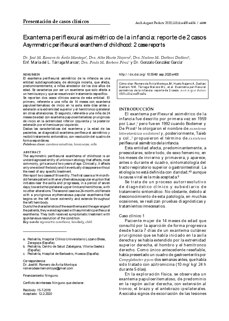 Exantema periflexural asimétrico de la infancia: reporte de 2 casos