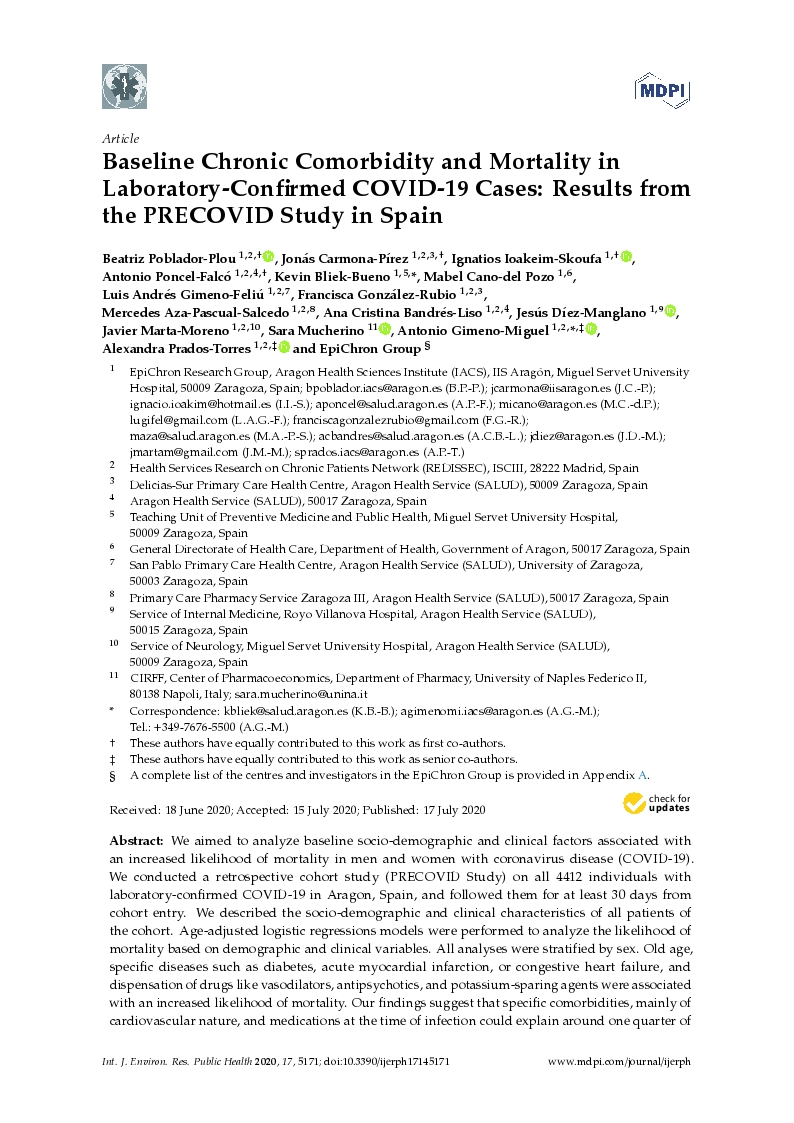 Baseline chronic comorbidity and mortality in laboratory-confirmed COVID-19 cases: Results from the PRECOVID study in Spain
