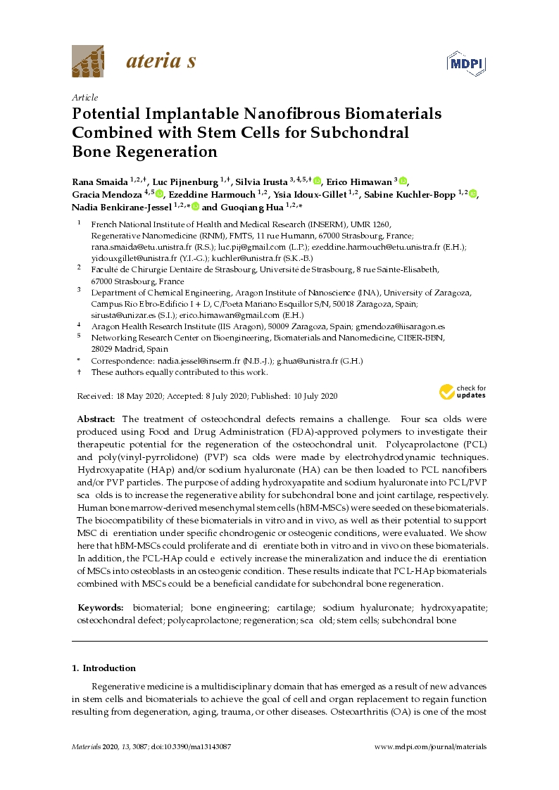 Potential implantable nanofibrous biomaterials combined with stem cells for subchondral bone regeneration