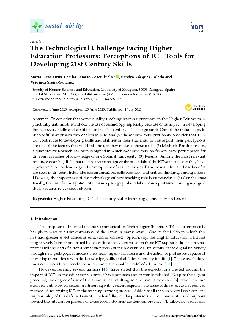 The technological challenge facing higher education professors: Perceptions of ICT tools for developing 21st Century skills