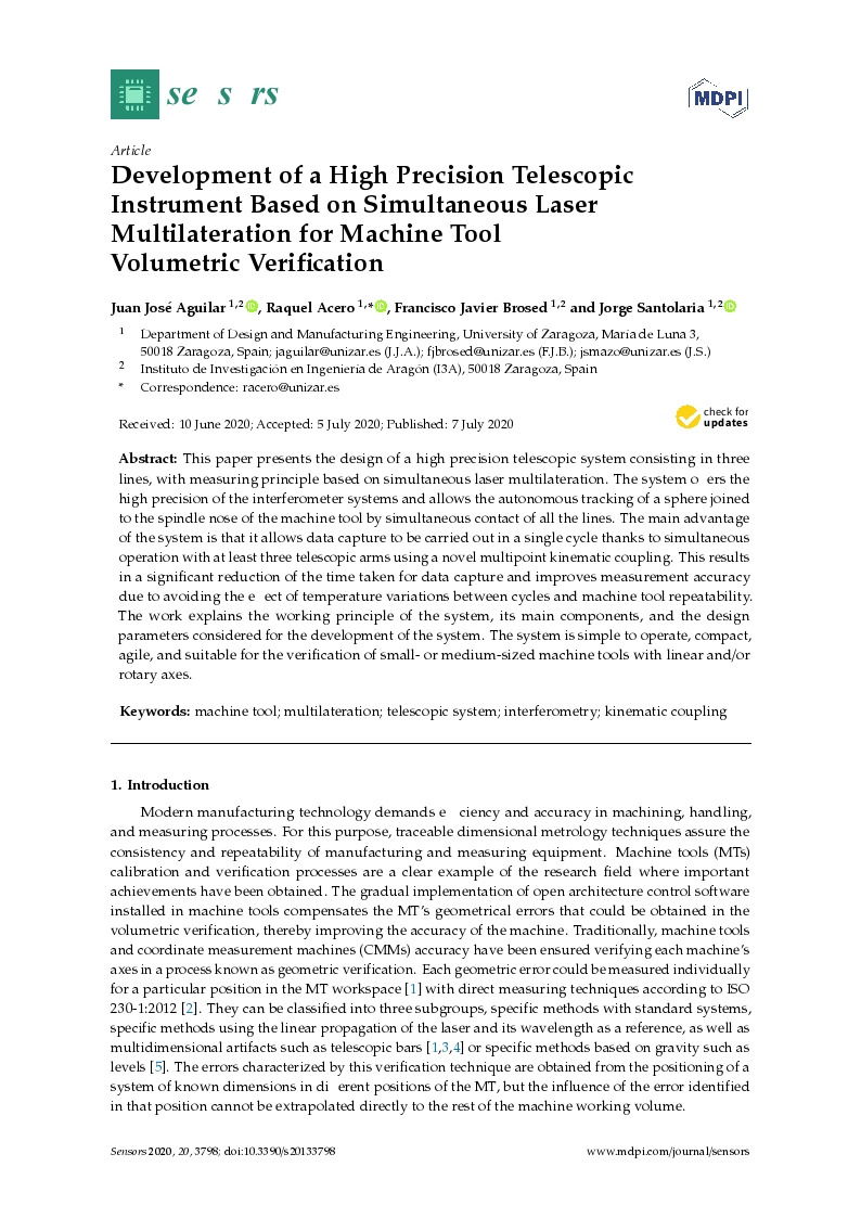 Development of a high precision telescopic instrument based on simultaneous laser multilateration for machine tool volumetric verification