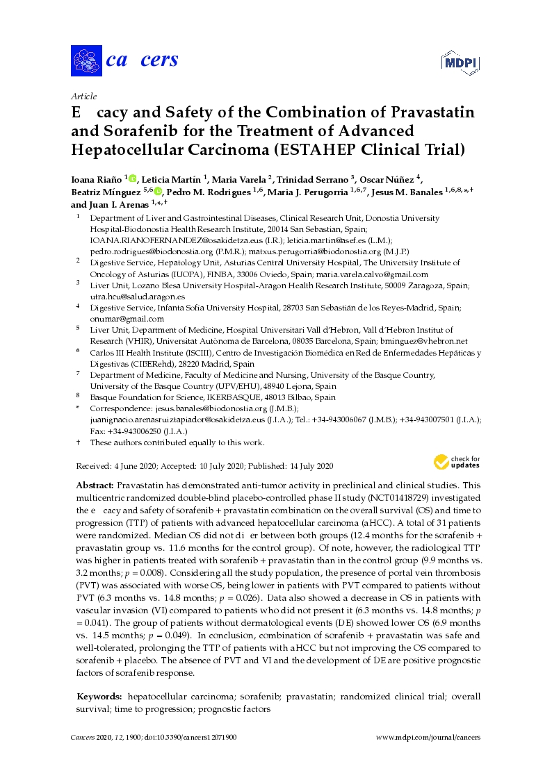 Efficacy and safety of the combination of pravastatin and sorafenib for the treatment of advanced hepatocellular carcinoma (ESTAHEP clinical trial)