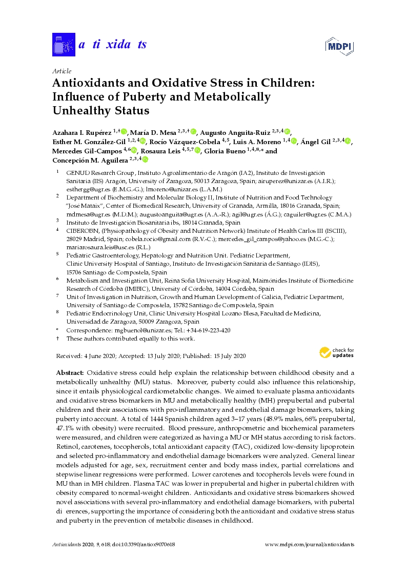 Antioxidants and oxidative stress in children: Influence of puberty and metabolically unhealthy status