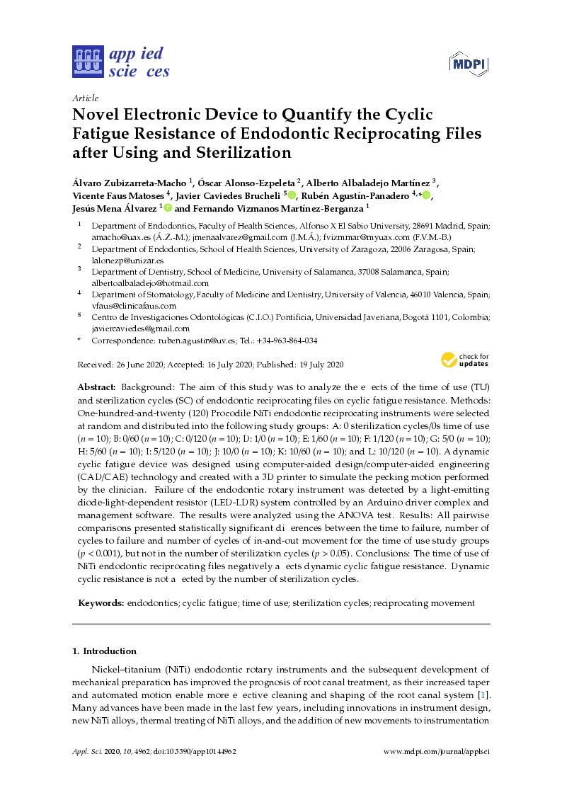 Novel electronic device to quantify the cyclic fatigue resistance of endodontic reciprocating files after using and sterilization