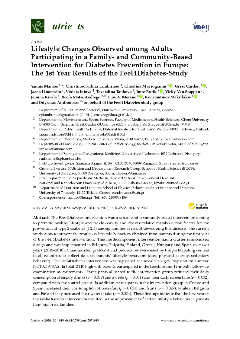 Lifestyle changes observed among adults participating in a family-and community-based intervention for diabetes prevention in Europe: The 1st year results of the feel4diabetes-study