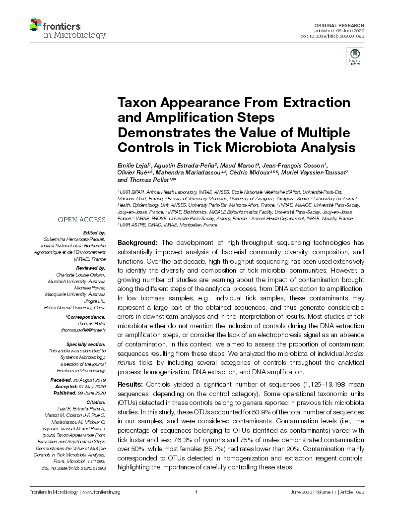 Taxon Appearance From Extraction and Amplification Steps Demonstrates the Value of Multiple Controls in Tick Microbiota Analysis