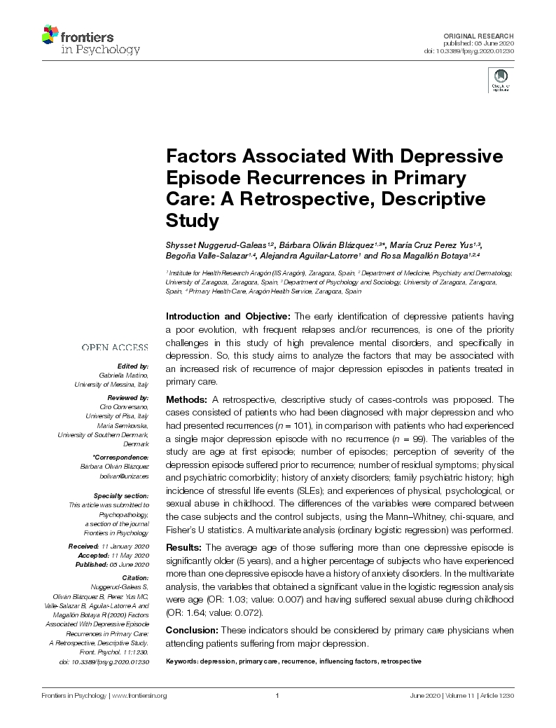 Factors Associated With Depressive Episode Recurrences in Primary Care: A Retrospective, Descriptive Study