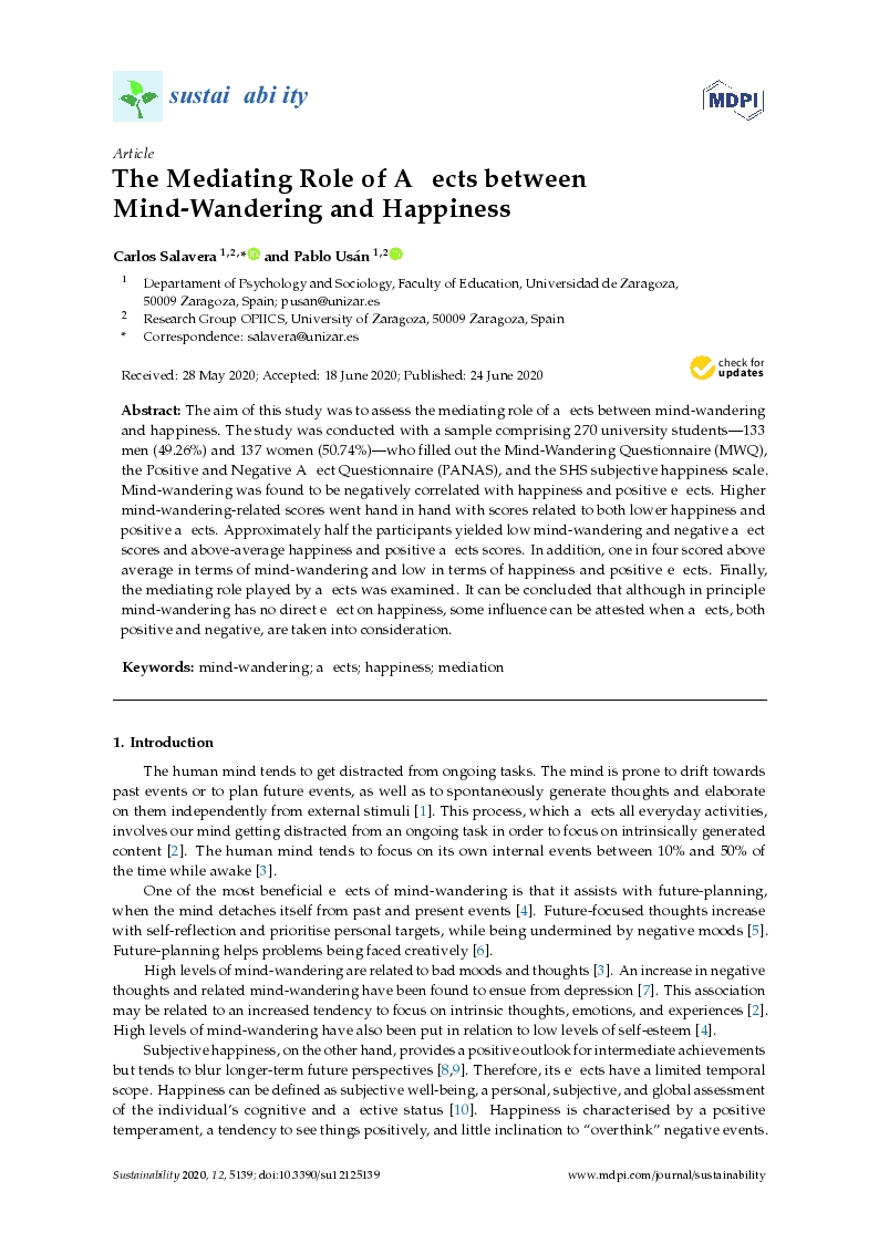 The mediating role of affects between mind-wandering and happiness