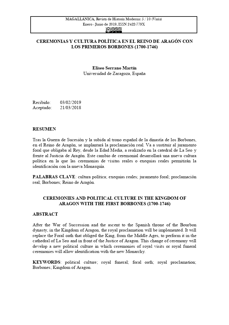 Ceremonias y cultura política en el Reino de Aragón con los primeros Borbones  (1700-1746)