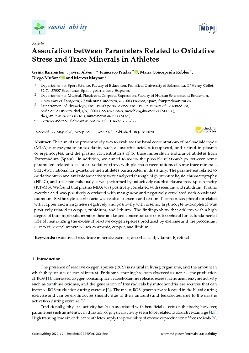 Association between parameters related to oxidative stress and trace minerals in Athletes