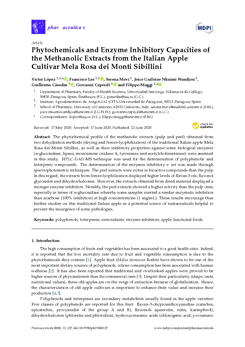 Phytochemicals and enzyme inhibitory capacities of the methanolic extracts from the italian apple cultivar mela rosa dei monti sibillini