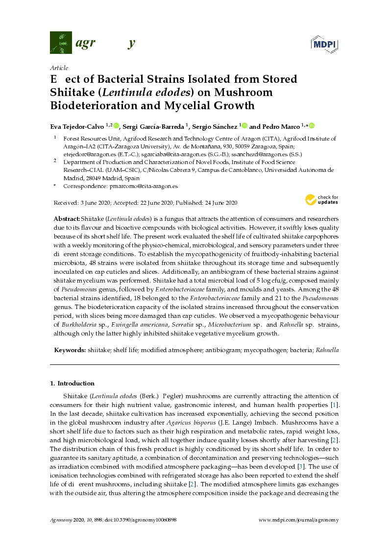 Effect of bacterial strains isolated from stored shiitake (Lentinula edodes) on mushroom biodeterioration and mycelial growth