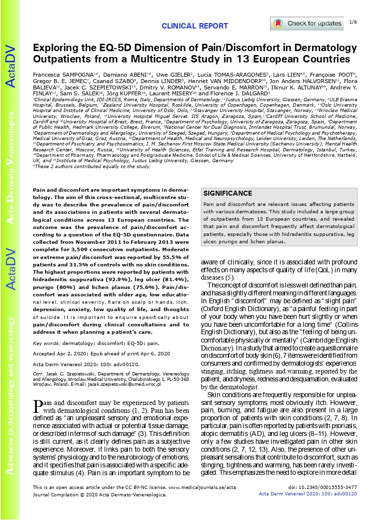 Exploring the EQ-5D dimension of pain/discomfort in dermatology outpatients from a multicentre study in 13 European countries