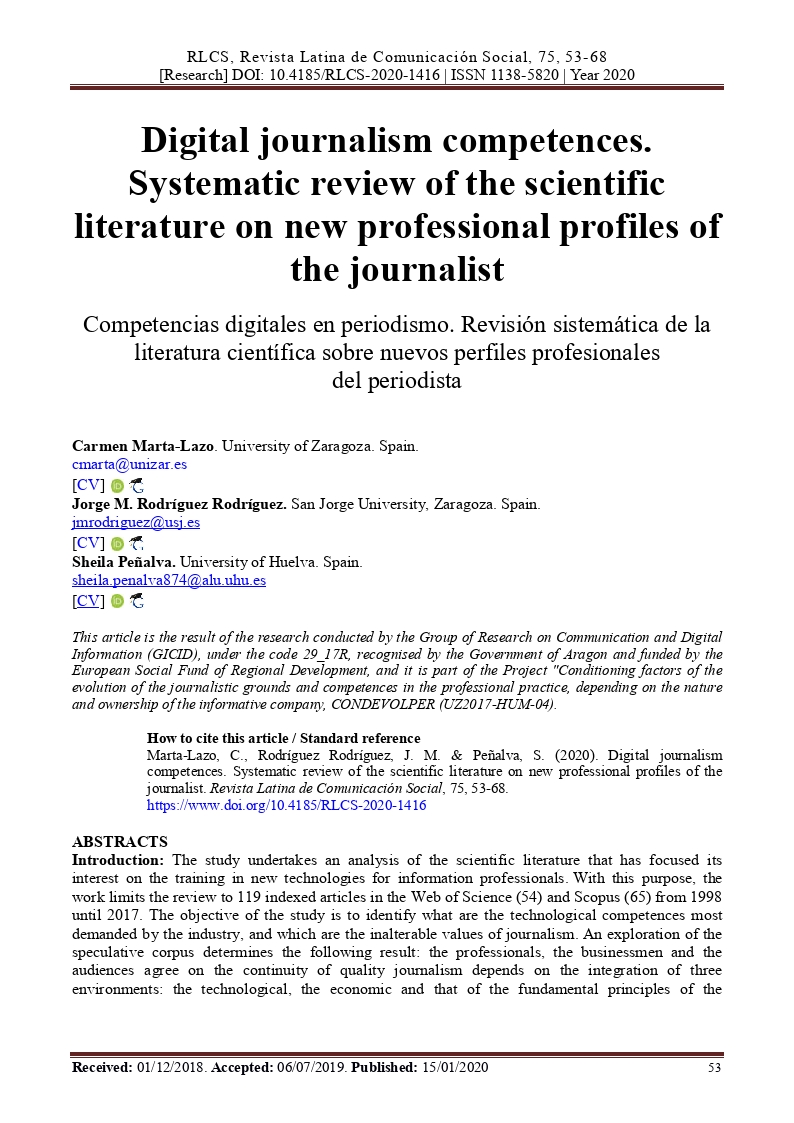 Digital journalism competences. Systematic review of the scientific literature on new professional profiles of the journalist