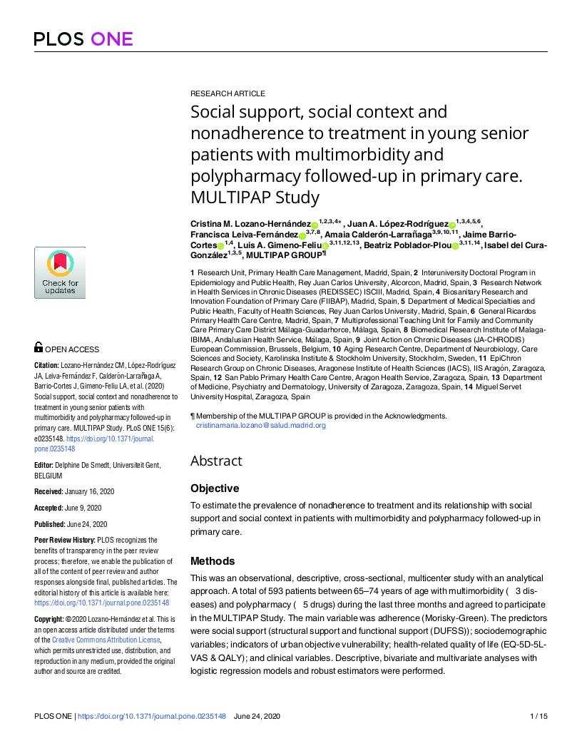 Social support, social context and nonadherence to treatment in young senior patients with multimorbidity and polypharmacy followed-up in primary care. MULTIPAP Study