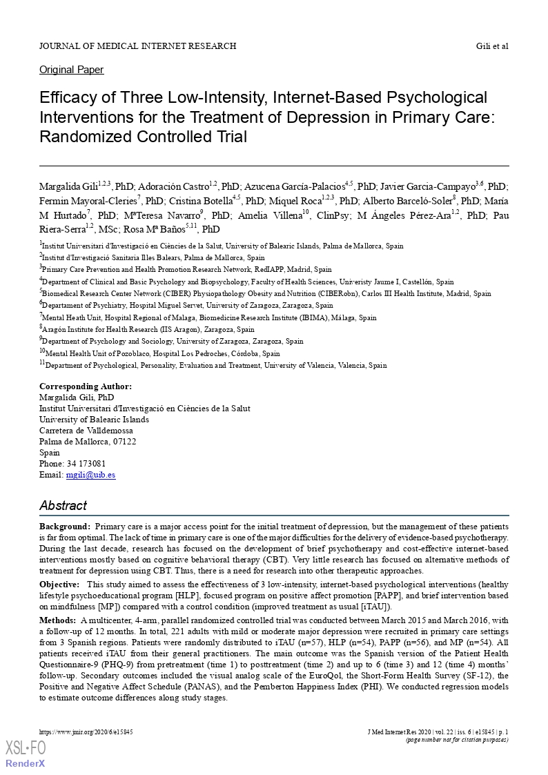 Efficacy of Three Low-Intensity, Internet-Based Psychological Interventions for the Treatment of Depression in Primary Care: Randomized Controlled Trial