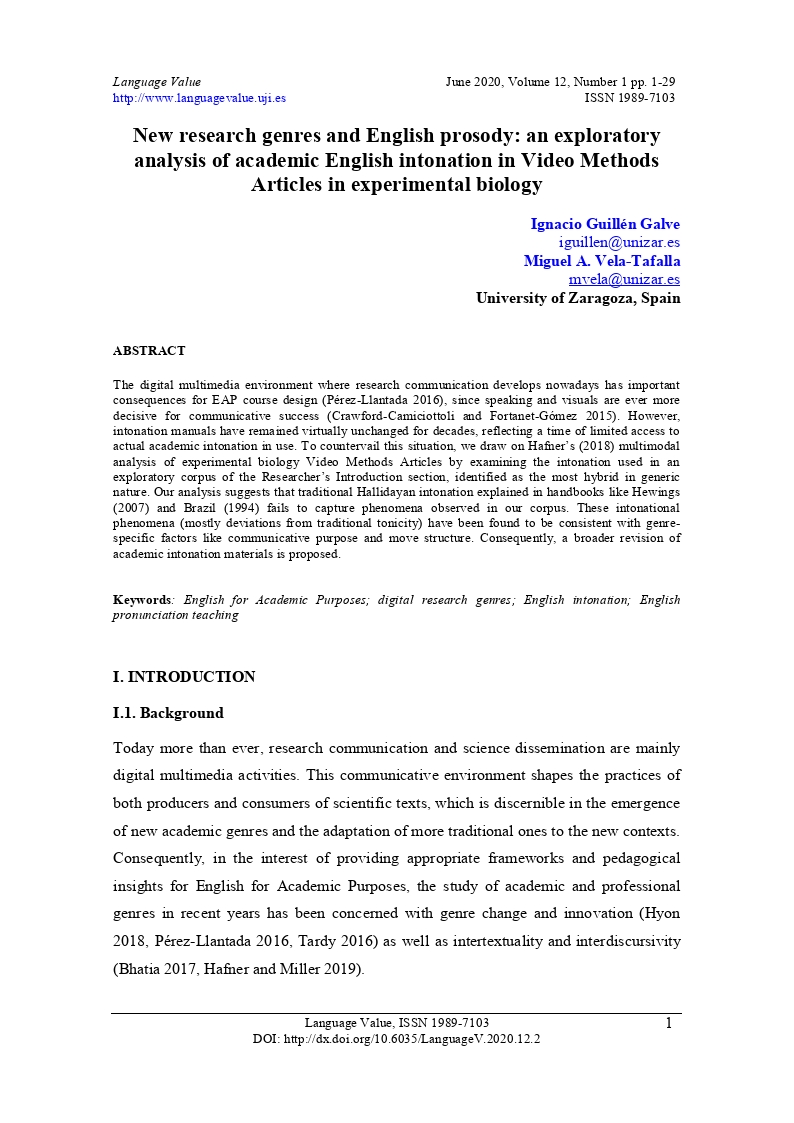 New research genres and English prosody: an exploratory analysis of academic English intonation in Video Methods Articles in experimental biology