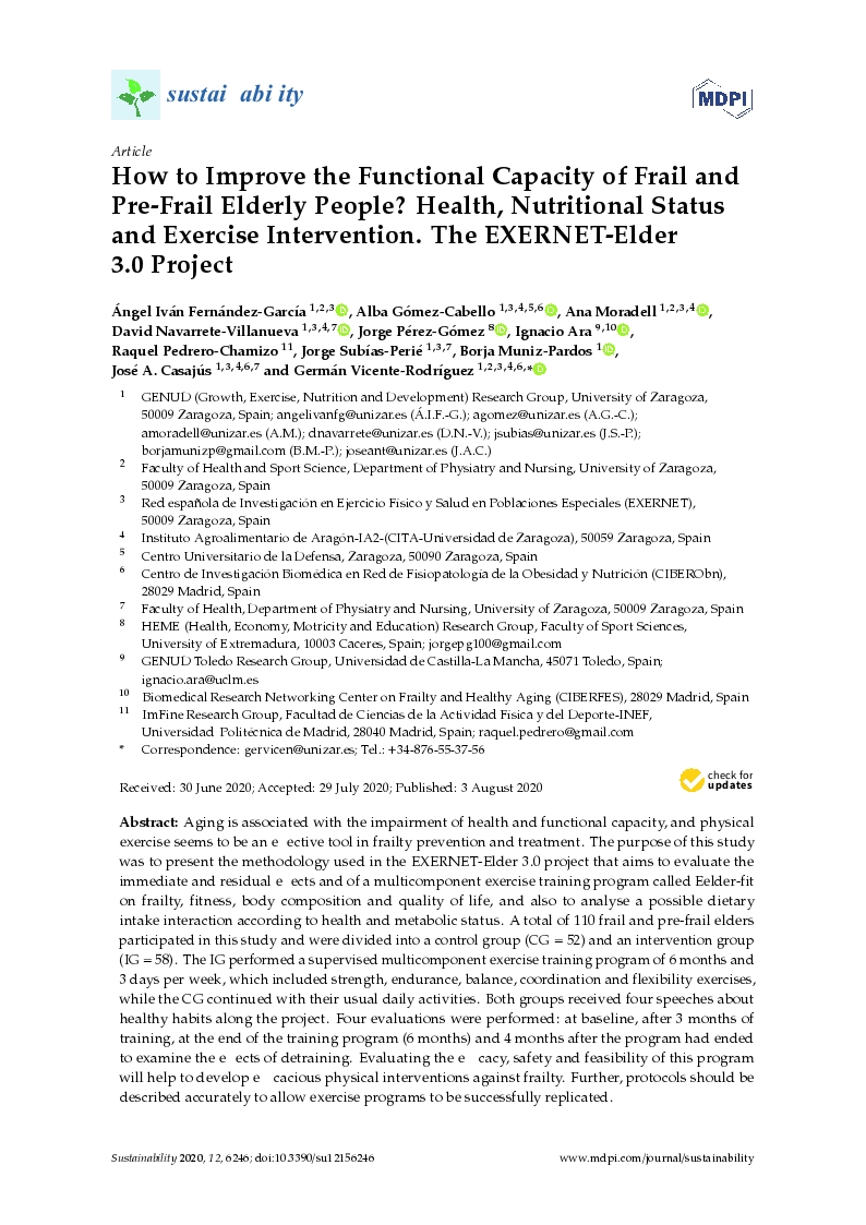 How to Improve the Functional Capacity of Frail and Pre-Frail Elderly People? Health, Nutritional Status and Exercise Intervention. The EXERNET-Elder 3.0 Project