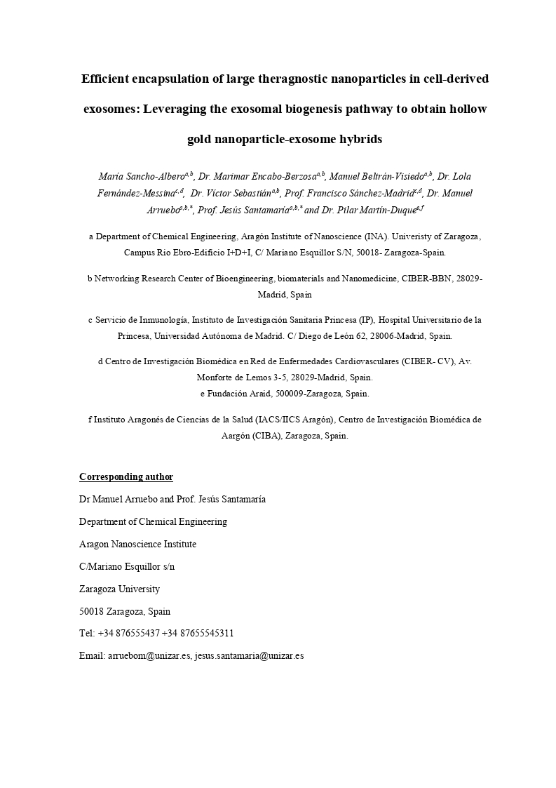 Efficient encapsulation of theranostic nanoparticles in cell-derived exosomes: leveraging the exosomal biogenesis pathway to obtain hollow gold nanoparticle-hybrids