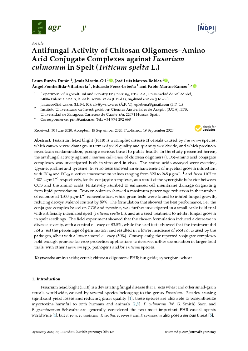 Antifungal activity of chitosan oligomers-amino acid conjugate complexes against Fusarium culmorum in spelt (Triticum spelta L.)