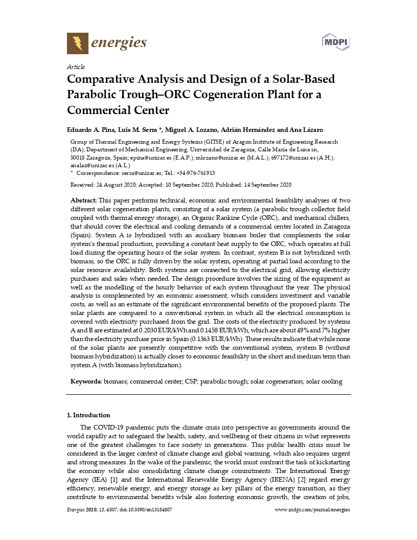 Comparative analysis and design of a solar-based parabolic trough–orc cogeneration plant for a commercial center