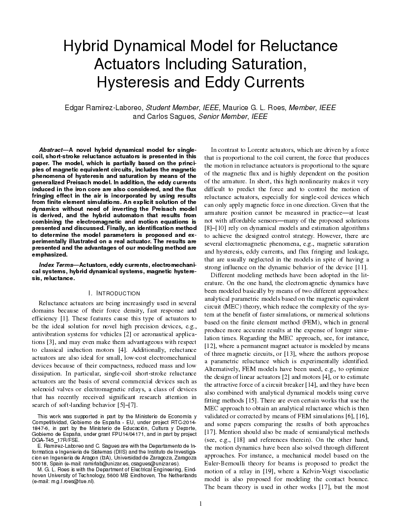 Hybrid dynamical model for reluctance actuators including saturation, hysteresis and eddy currents