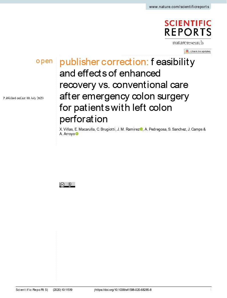 Publisher Correction: Feasibility and effects of enhanced recovery vs. conventional care after emergency colon surgery for patients with left colon perforation (Scientific Reports, (2020), 10, 1, (7346), 10.1038/s41598-020-64242-7)