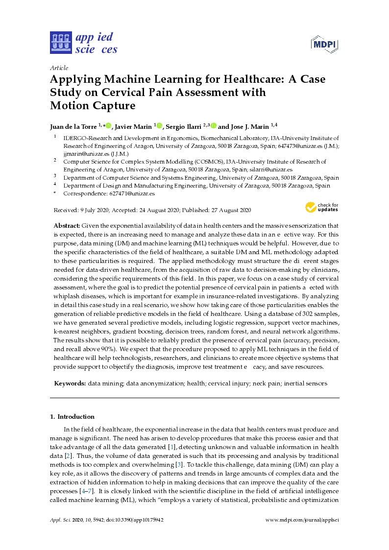 Applying machine learning for healthcare: A case study on cervical pain assessment with motion capture