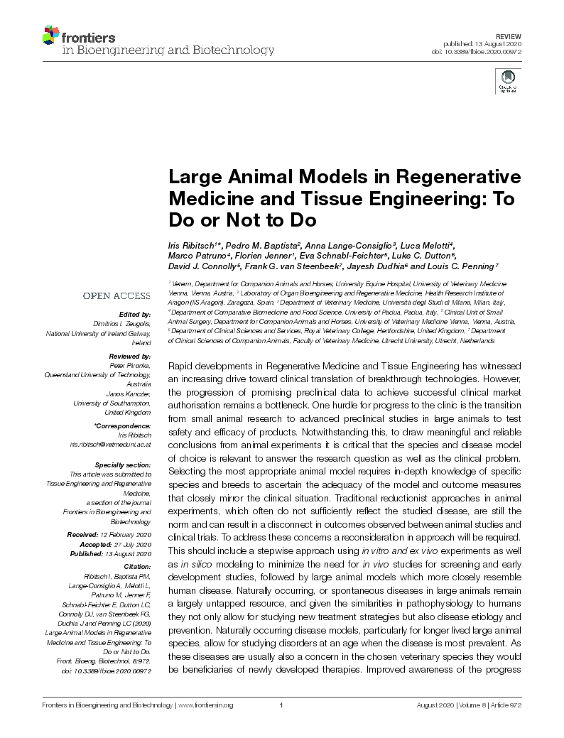 Large Animal Models in Regenerative Medicine and Tissue Engineering: To Do or Not to Do