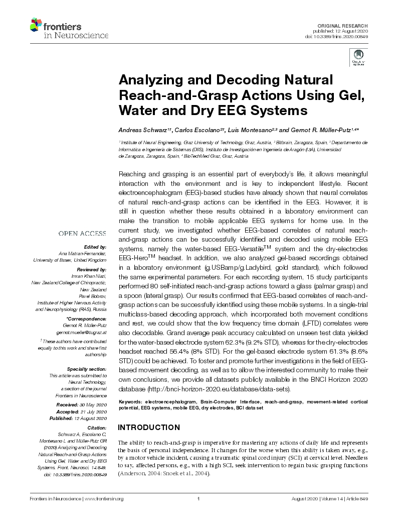 Analyzing and Decoding Natural Reach-and-Grasp Actions Using Gel, Water and Dry EEG Systems