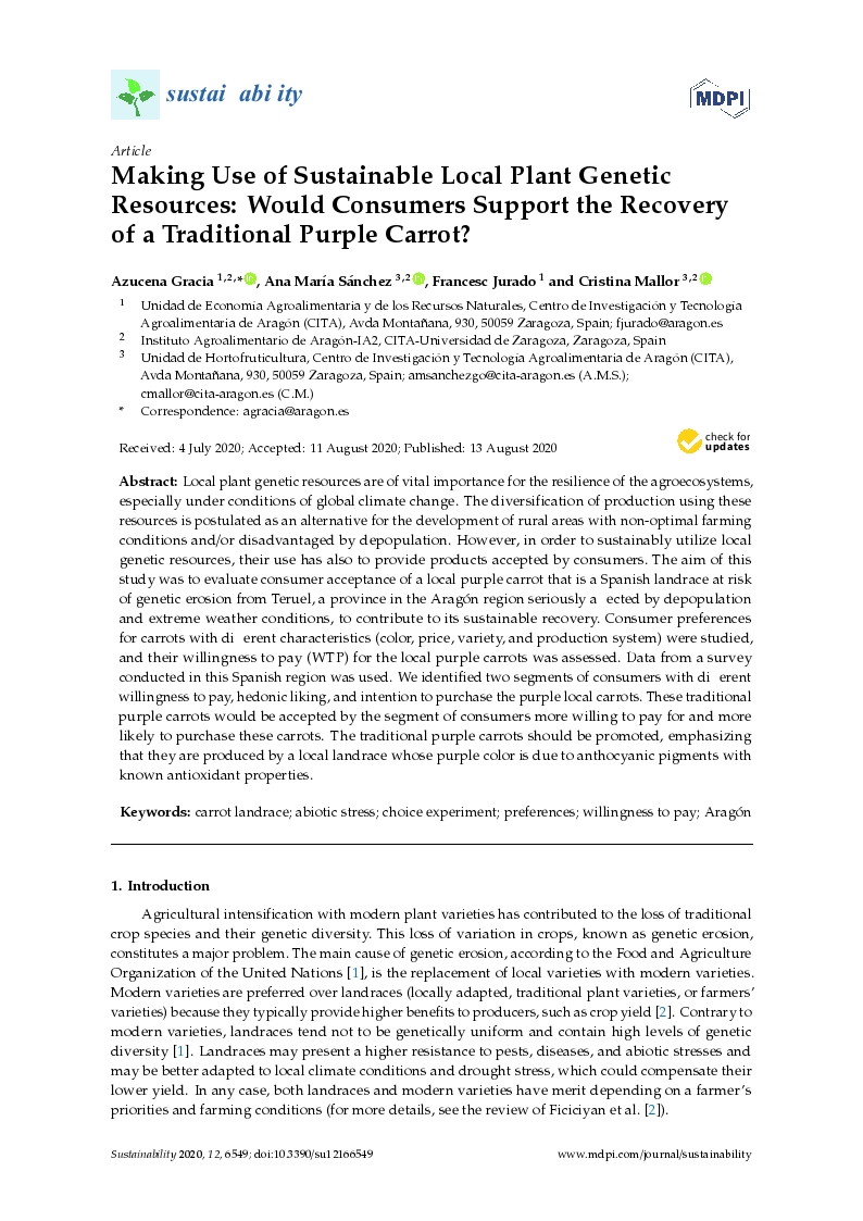 Making use of sustainable local plant genetic resources: Would consumers support the recovery of a traditional purple carrot?