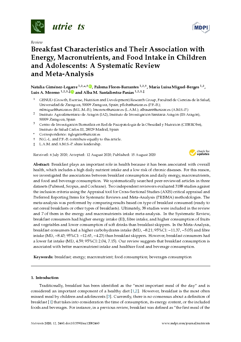 Breakfast characteristics and their association with energy, macronutrients, and food intake in children and adolescents: A systematic review and meta-analysis