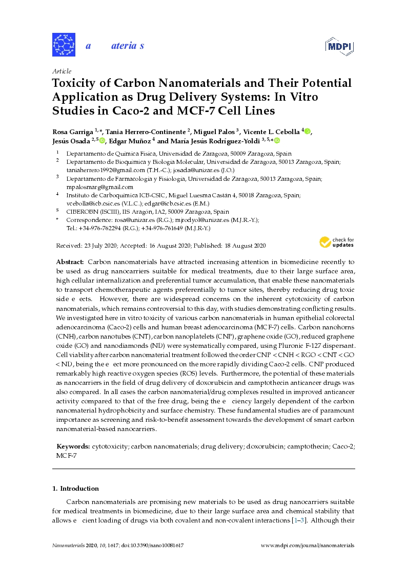 Toxicity of carbon nanomaterials and their potential application as drug delivery systems: In vitro studies in caco-2 and mcf-7 cell lines