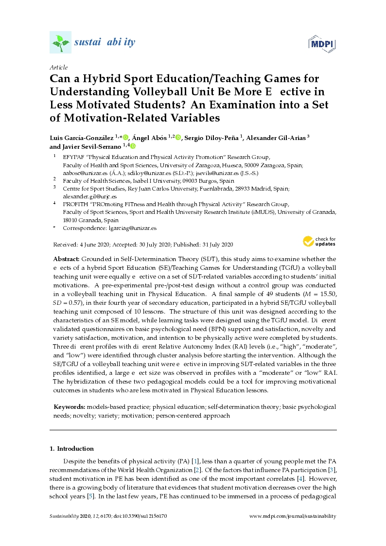 Can a hybrid sport education/teaching games for understanding volleyball unit be more effective in less motivated students? An examination into a set of motivation-related variables