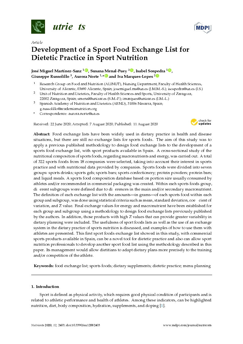 Development of a sport food exchange list for dietetic practice in sport nutrition