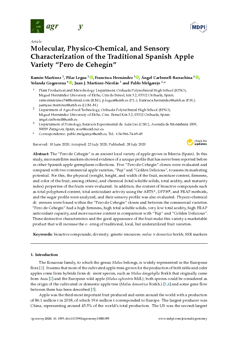 Molecular, physico-chemical, and sensory characterization of the traditional spanish apple variety 