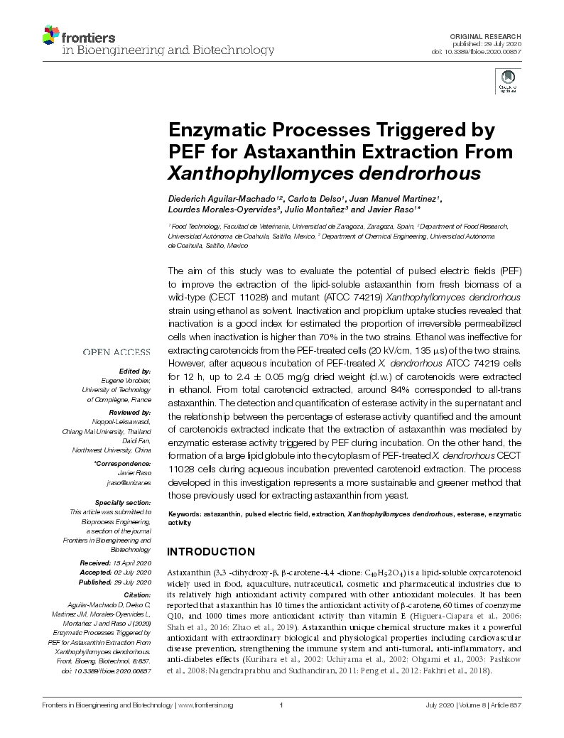 Enzymatic Processes Triggered by PEF for Astaxanthin Extraction From Xanthophyllomyces dendrorhous
