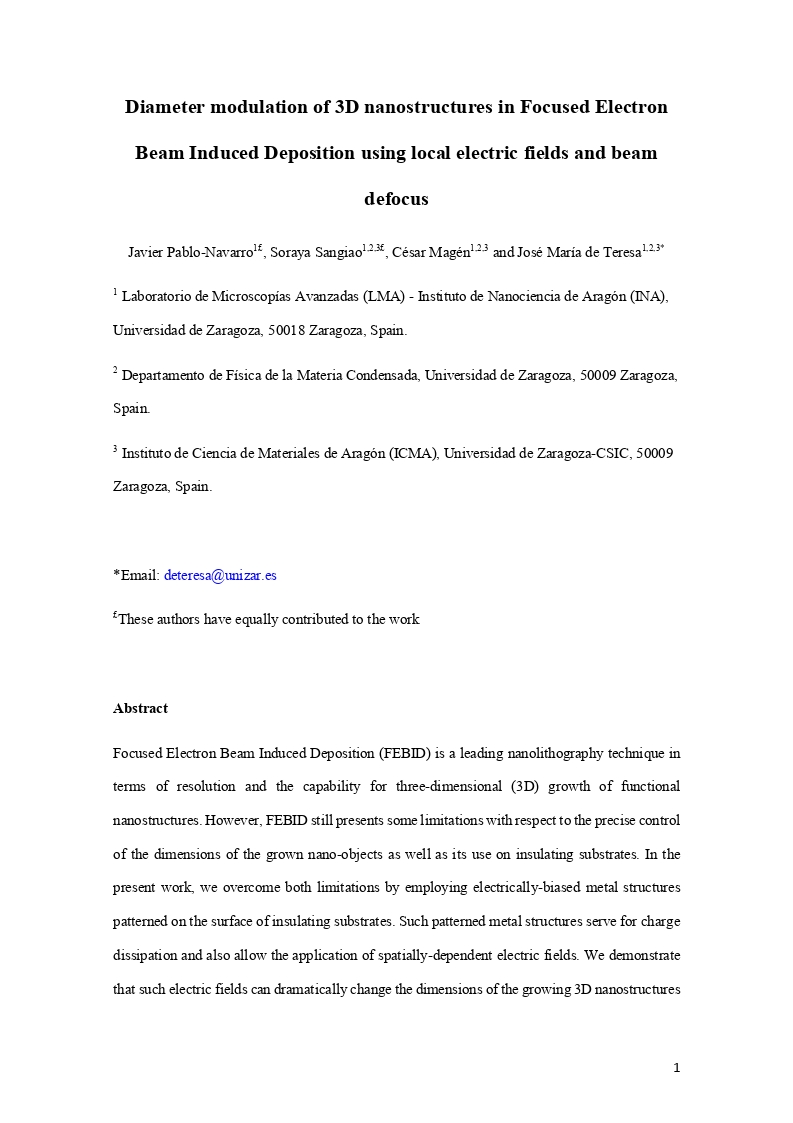 Diameter modulation of 3D nanostructures in focused electron beam induced deposition using local electric fields and beam defocus