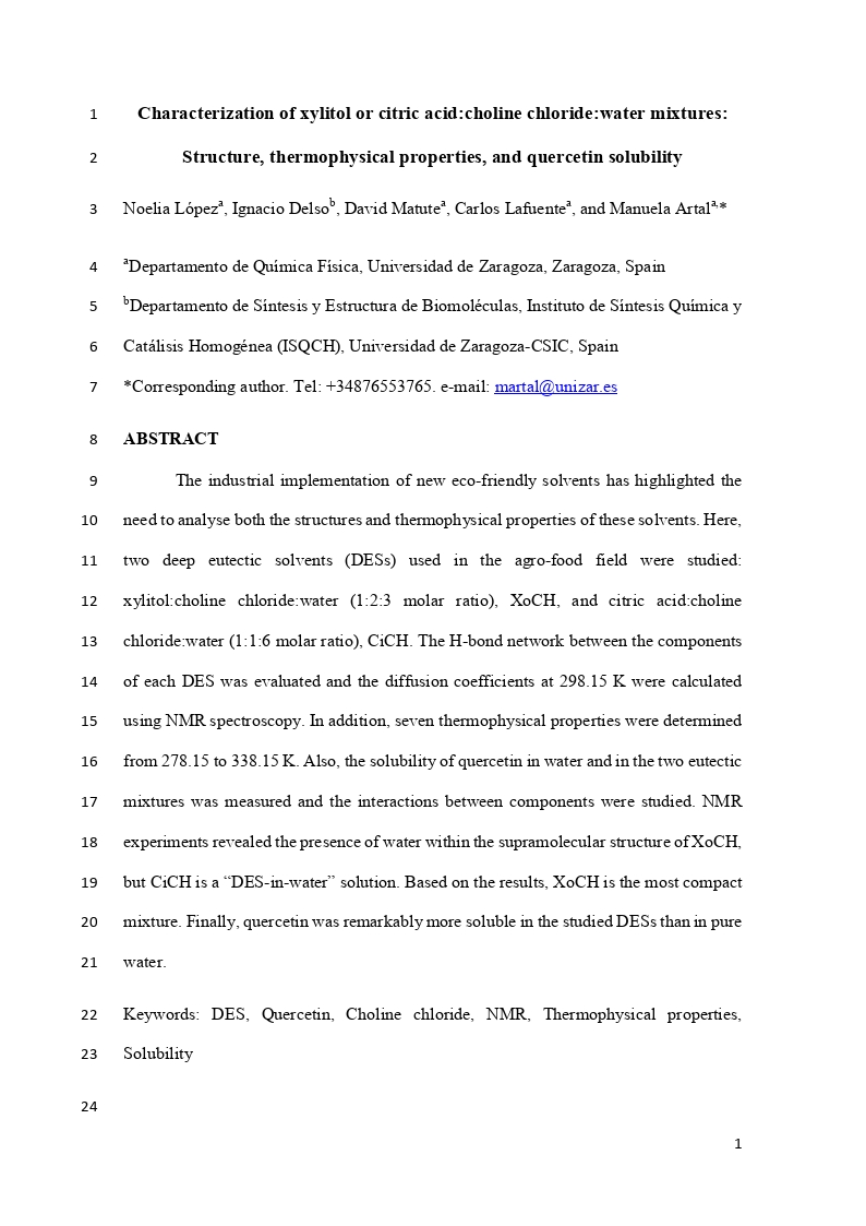 Characterization of xylitol or citric acid: choline chloride: water mixtures: Structure, thermophysical properties, and quercetin solubility