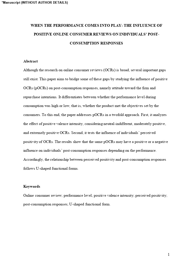 When the performance comes into play: The influence of positive online consumer reviews on individuals' post-consumption responses