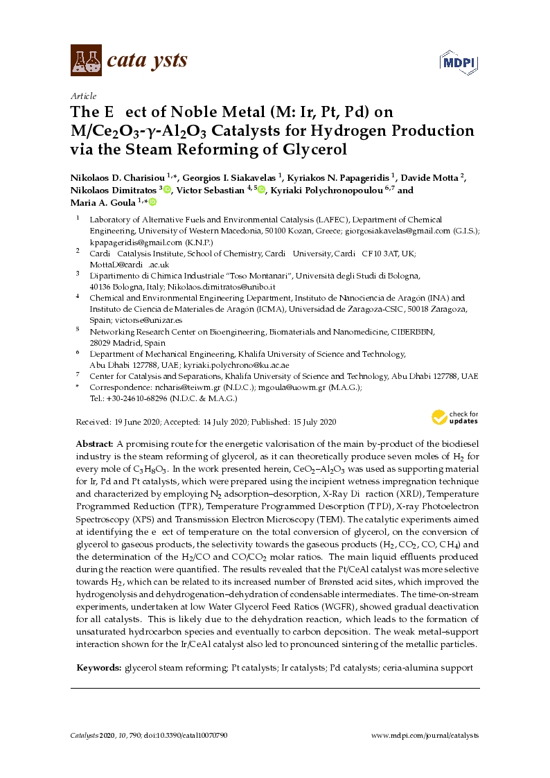 The effect of noble metal (M: Ir, Pt, Pd) on M/Ce2 O3-¿-Al2 O3 catalysts for hydrogen production via the steam reforming of glycerol