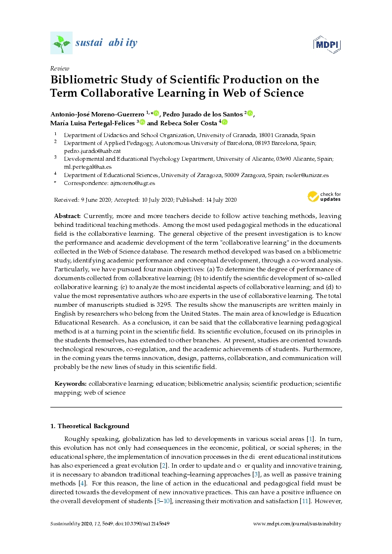 Bibliometric study of scientific production on the term collaborative learning in web of science