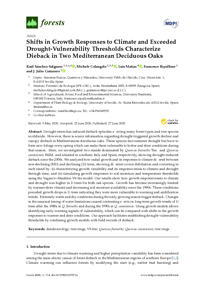 Shifts in Growth Responses to Climate and Exceeded Drought-Vulnerability Thresholds Characterize Dieback in Two Mediterranean Deciduous Oaks