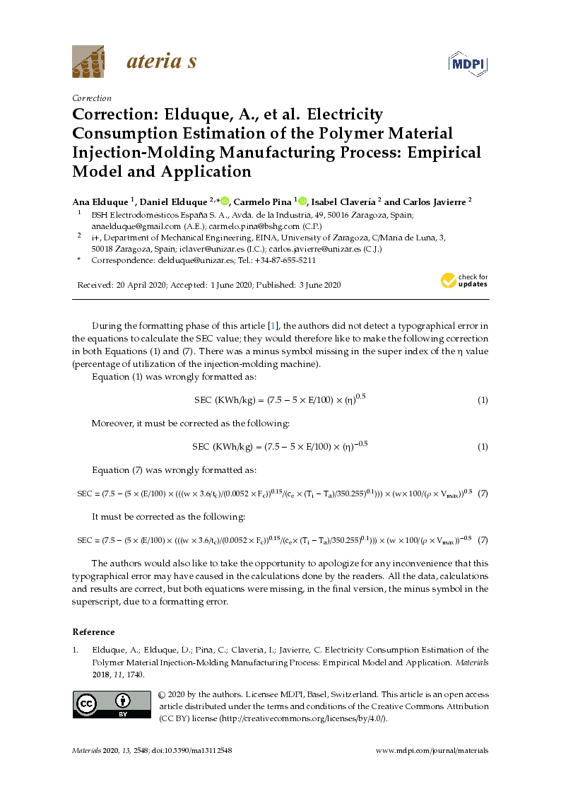 Correction: Elduque, A., et al. Electricity consumption estimation of the polymer material injection-molding manufacturing process: Empirical model and application [Materials 2018;11(9):1740] DOI: 10.3390/ma11091740